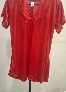 Red Satin Nightie with Lace Trim