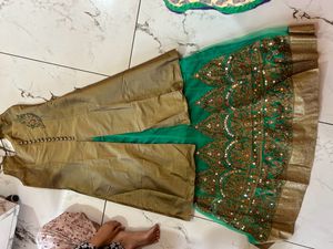 Green Heavy Skirt With Golden Cut Top