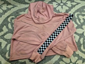 Trendy Pink Cropped Hoodie with Checkerboard Sleev
