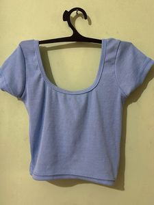 Blue Ribbed Scoop Neck Crop Top