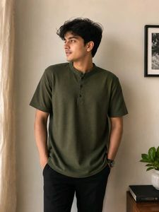 Men's Olive Green Textured Mandarin Collar Henley