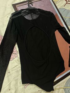 Black Backless Mesh Sleeve Bodysuit