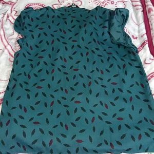 Teal Leaf Print Flutter Sleeve Top