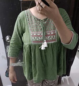 Boho Embroidered Green Tunic Top