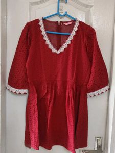 Red Textured Kurta with Lace Trim