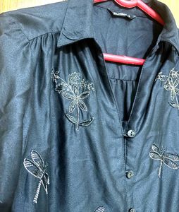 Elegant Black Blouse with Dragonfly Embroidery