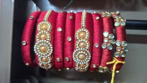 Red Silk Thread Bangles with Embellishments