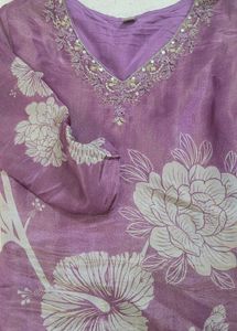 Purple Floral Kurta with Embellished Neckline