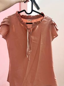 Formal Pink Tie-Neck Flutter Sleeve Top