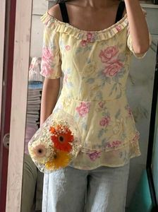 Yellow Floral Off-Shoulder Peplum Top
