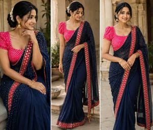 Elegant Navy Blue Saree with Pink Blouse