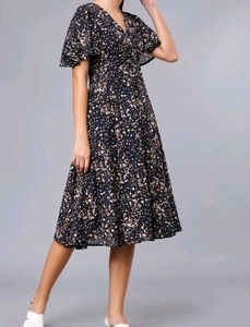 Tokyo Talkies Navy Blue Printed Fit & Flare Midi D