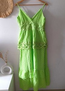 Neon Green Schiffli Lace Tiered Maxi