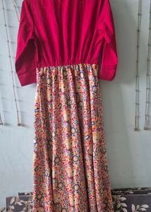 Red &amp; Floral Print Ethnic Gown