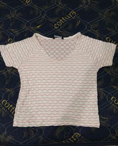 Textured Pink and White V-Neck Top