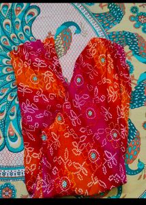 Vibrant Bandhani Kurta Set with Embellishment