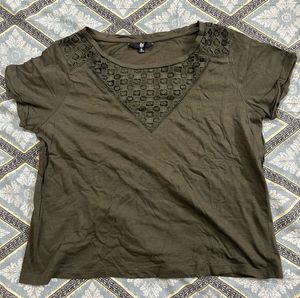 Olive Green Lace Trim T-Shirt