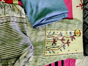 Green Striped Floral Dress Material