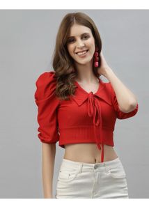 Vibrant Red Puff Sleeve Collared Crop Top