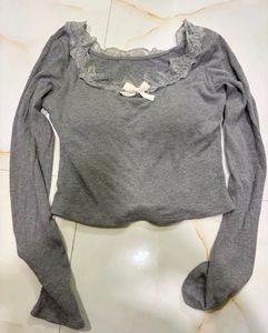 💕🌟Grey ribbed knit long sleeves top and Denim sh