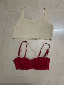 Beige Ribbed Crop Top &amp; Red Lace Bra Set