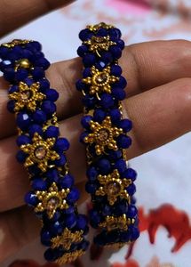 Blue Beaded Bangles with Gold Accents (2.6)