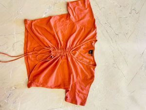 Orange Ruched Drawstring Crop Top