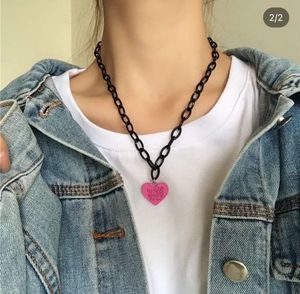 Chunky Black Chain Pink Heart Necklace Set