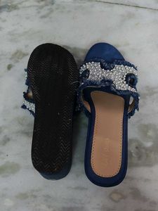 Embellished Denim Slides