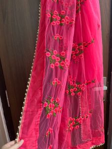 Hot Pink Floral Embroidered Dupatta