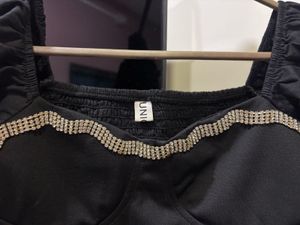 Black Puff Sleeve Crop Top with Rhinestones