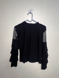 Black Mesh Sleeve Tiered Top