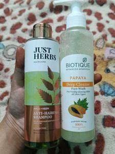 Biotique Facewash + Just herbs Shampoo Combo