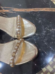 Elegant Gold Block Heels with Pearl Embellishments