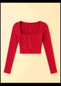 Red Square Neck Long Sleeve Crop Top