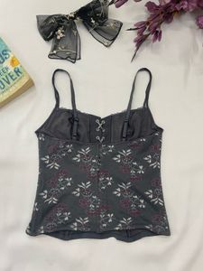 Floral Print Lace Trim Corset Top