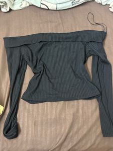 Black Ribbed Off-Shoulder Long Sleeve Top Siz