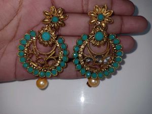 Blue And Golden Toned Floral Drop Earrings