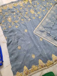 Grey Saree with golden Dimond work