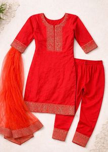 Elegant Saffron Embroidered Suit Set with Dupatta