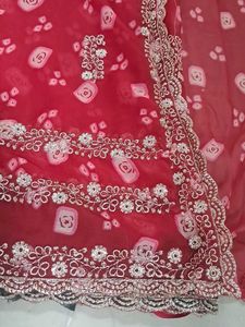 Red Saree with White Bandhani Print