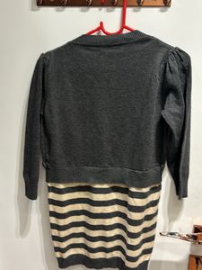 Striped Dress with Gray Cropped Cardigan
