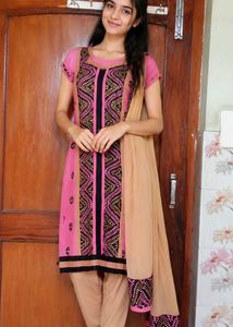 Pink & Black Embroidery Kurta with Dupatta