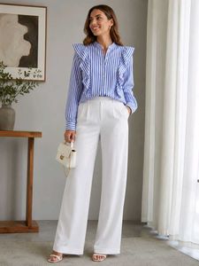 Blue and White Striped Ruffle Shirt