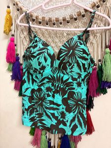 Aqua & Brown Tropical Print Bikini Top