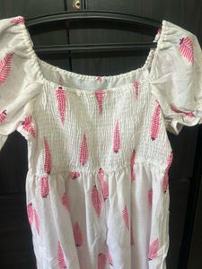 White Cotton Dress with Pink Leaf Print