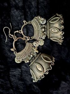 Oxidized Mother of pearl Silver Jhumka Earrings