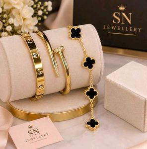 Gold Bangle, Clover Bracelet & Nail Bangl