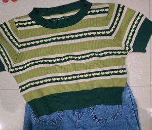 COMBO✨ Green Top &amp; black stripped Jeans
