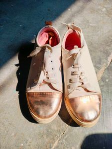 Stylish White &amp; Rose Gold Accent Sneakers